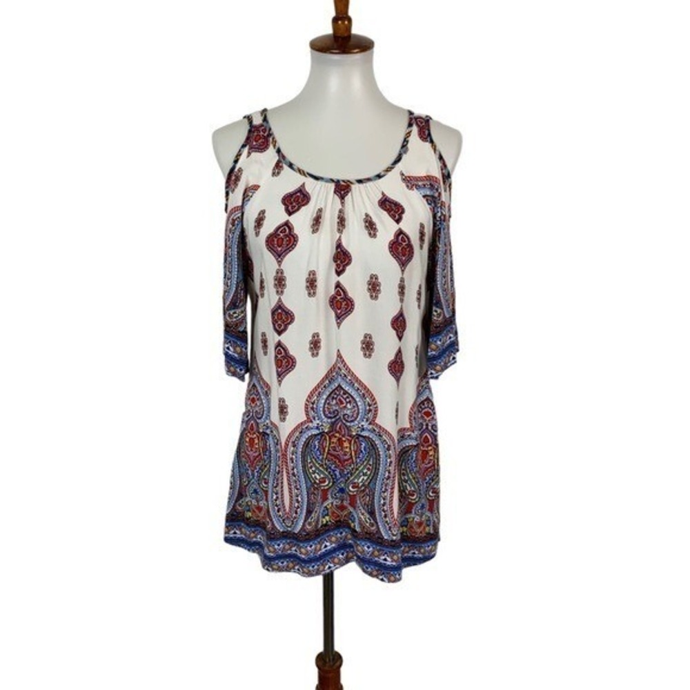 Fig And Flower Cold Shoulder Boho‎ Tunic Top Paisley Print Multicolor Small